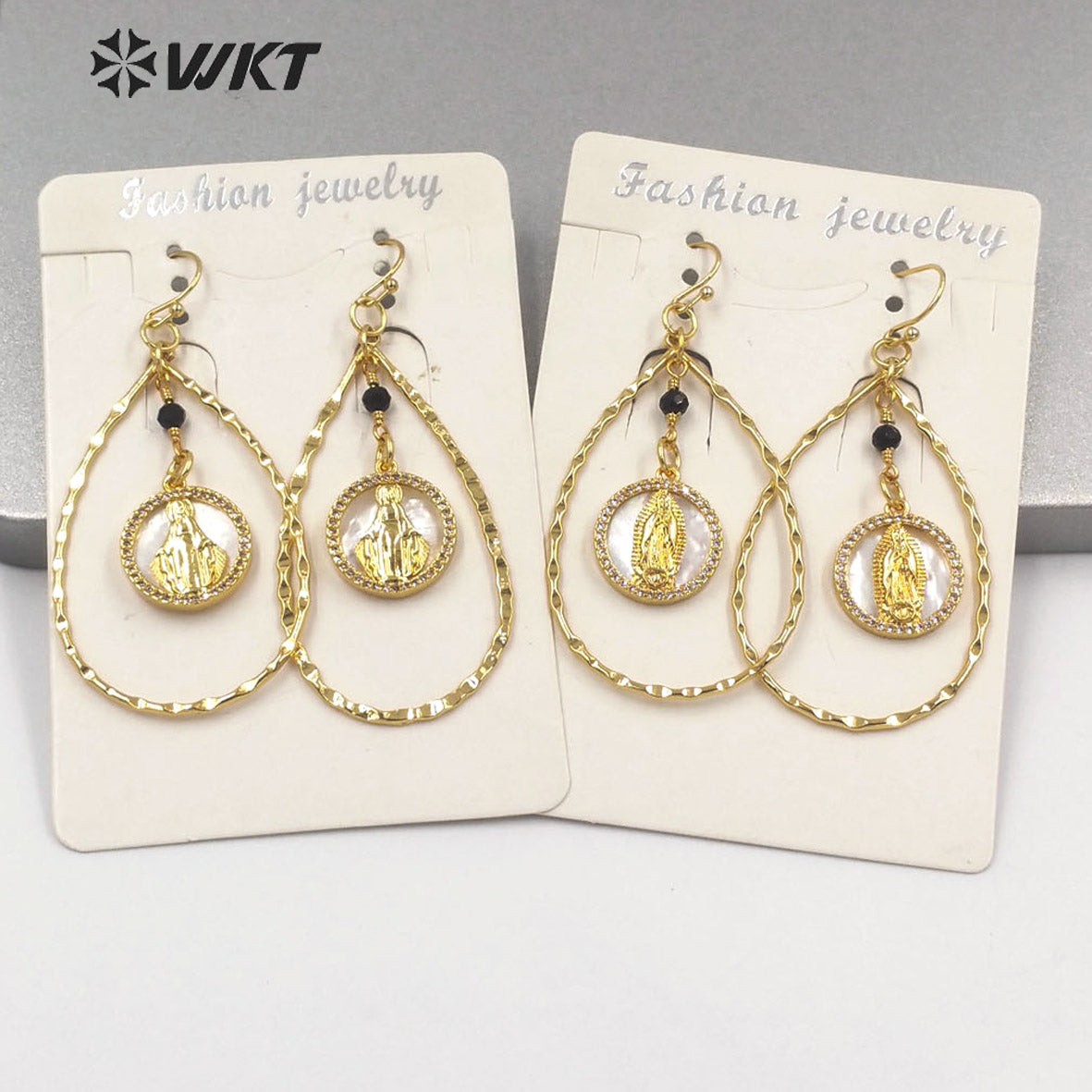 WT-ME080 High Quality Natural Tear Drop Shape Virgin Mary Earrings Gold Electroplated MOP Shell Drop Hoop Earrings for Girl