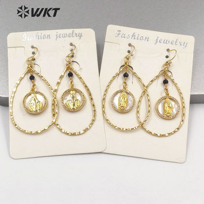 WT-ME080 High Quality Natural Tear Drop Shape Virgin Mary Earrings Gold Electroplated MOP Shell Drop Hoop Earrings for Girl
