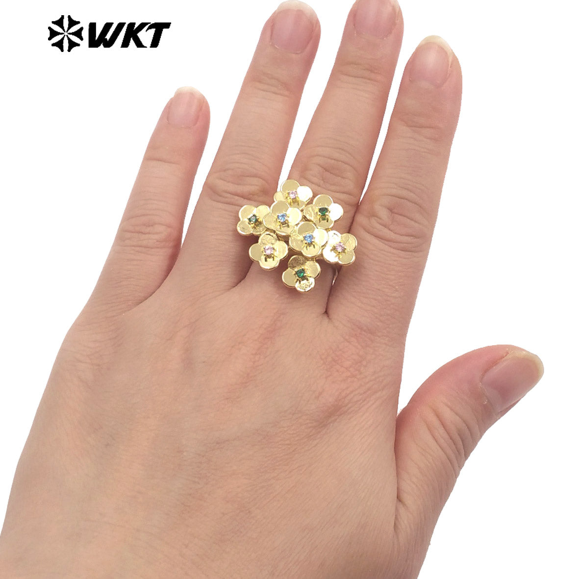 WT-MR038 WKT New Design Micro Pave Colorful Cubic Zircon Attractive Flower Ring for Friend Gift