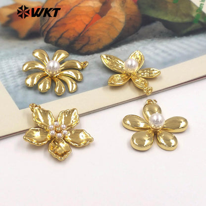WT-P2079 Boutique Fashion Gold Plated Brass And Artificial Pearl Flowers Shape Pendants As Girls Handmade Jewelry Findings