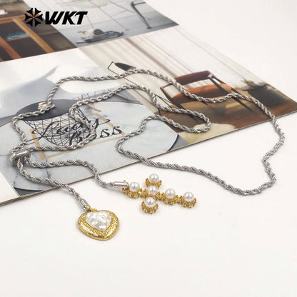 WT-JFN55 Exquisite Gold Plated Brass And Artificial Pearl Cross Heart Charms With Silver Metal Chain Necklace For Party Wearing