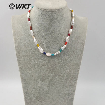 WT-JN113 Exclusive Design Baroque Pearl and Turquoise Beads Necklace 16" Baroque Pearl Beads Necklace Turquoise Beads Necklace