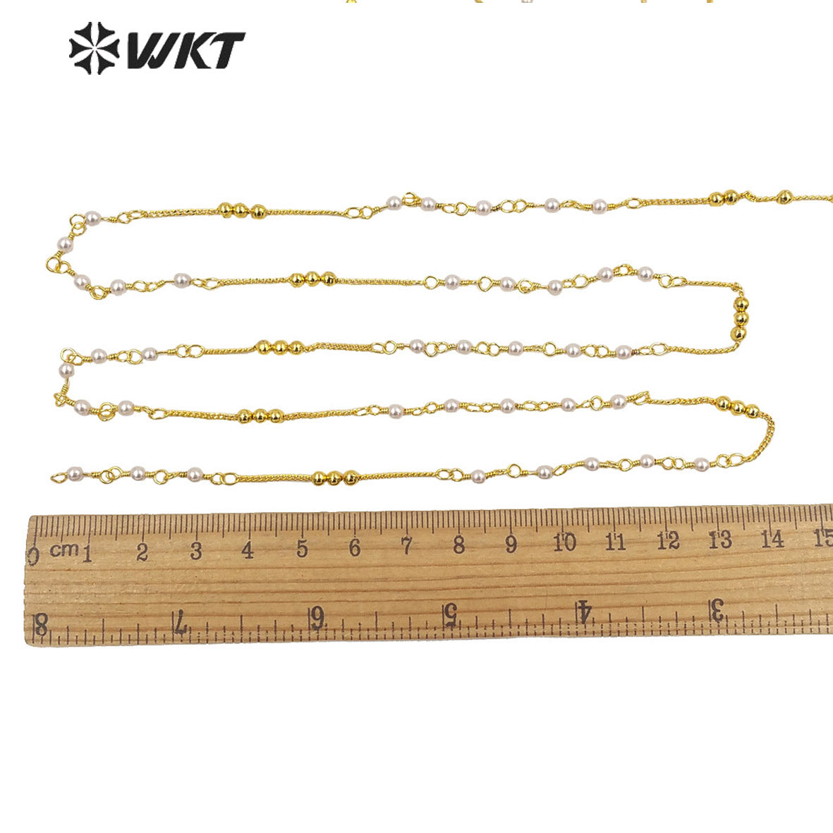 WT-RBC195 Amazing Handmade Gold Plated White Beads Chain Women DIY Jewelry Necklace Chain by Meter Tiny Brass Chain