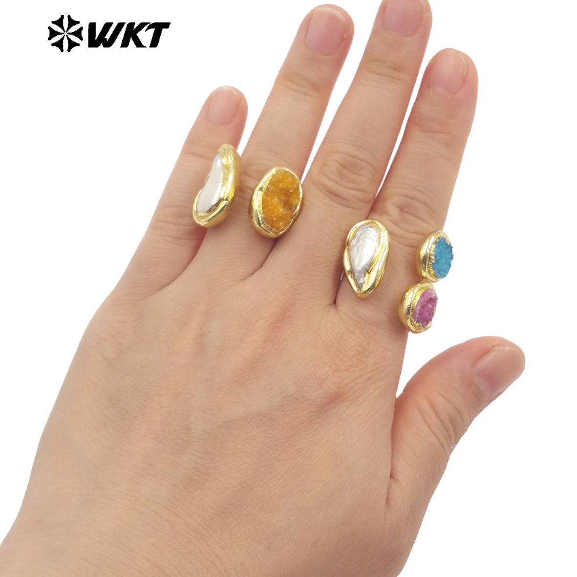 WT-MPR118 New Product Explosion Fashion 18K Gold Plated Pearl Druzy Quartz Double Stone Open Size Ring for Women As Special Gift