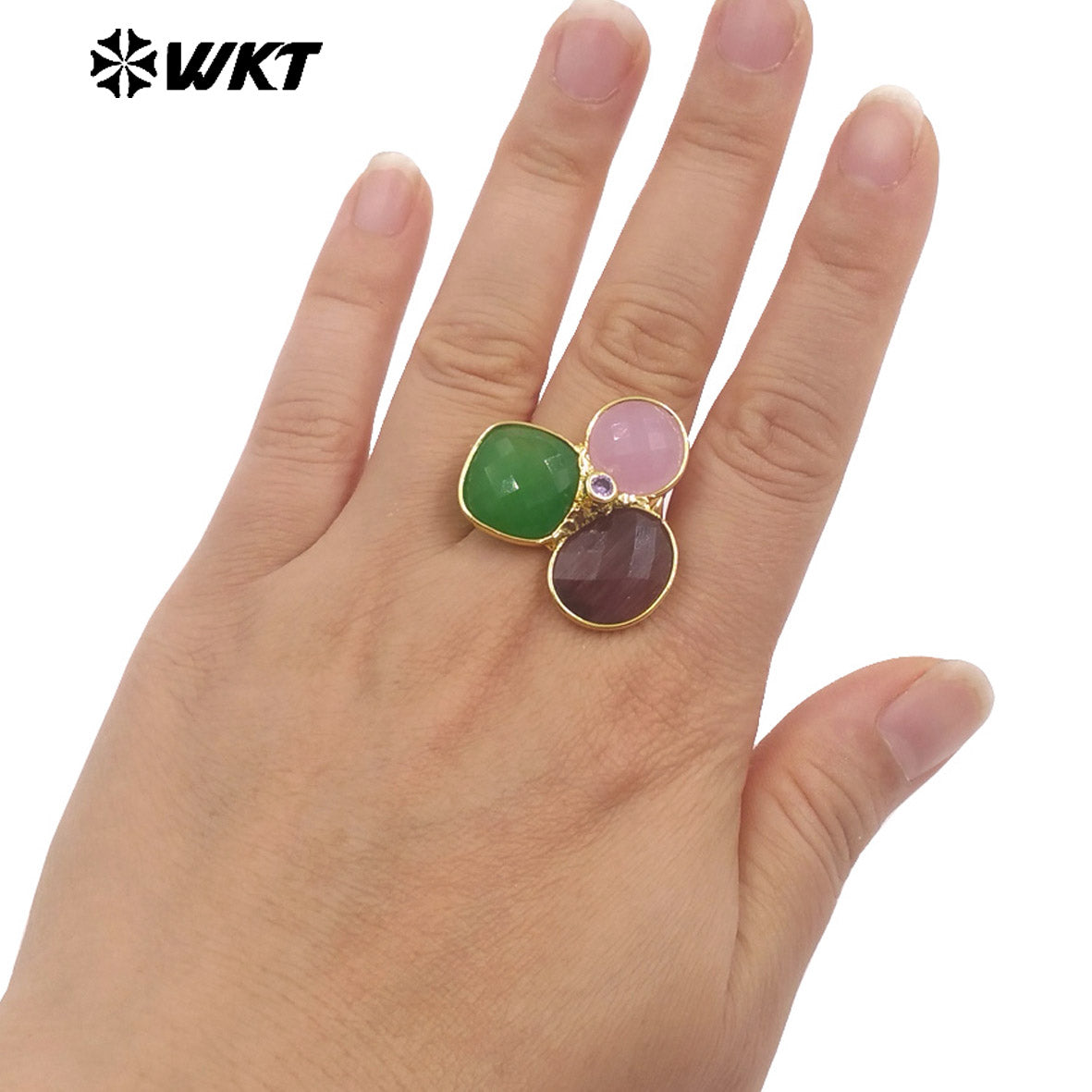 WT-R581 Fashion Lovely 18K Gold Plated Three Natural Cat Eye Stones Triangle Adjustable Women Rings For Anniversary Gift