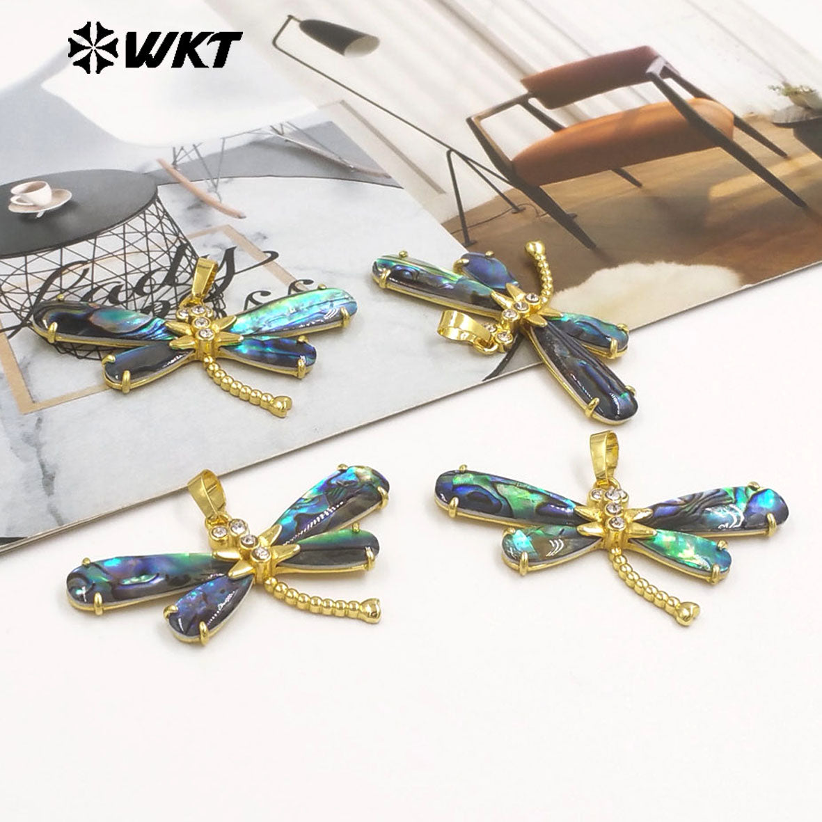 WT-JP438 Delicate 18K Gold Plated Natural Abalone Shell Dragonfly Shape Pendant For Ladies Beautiful Jewelry Handmade