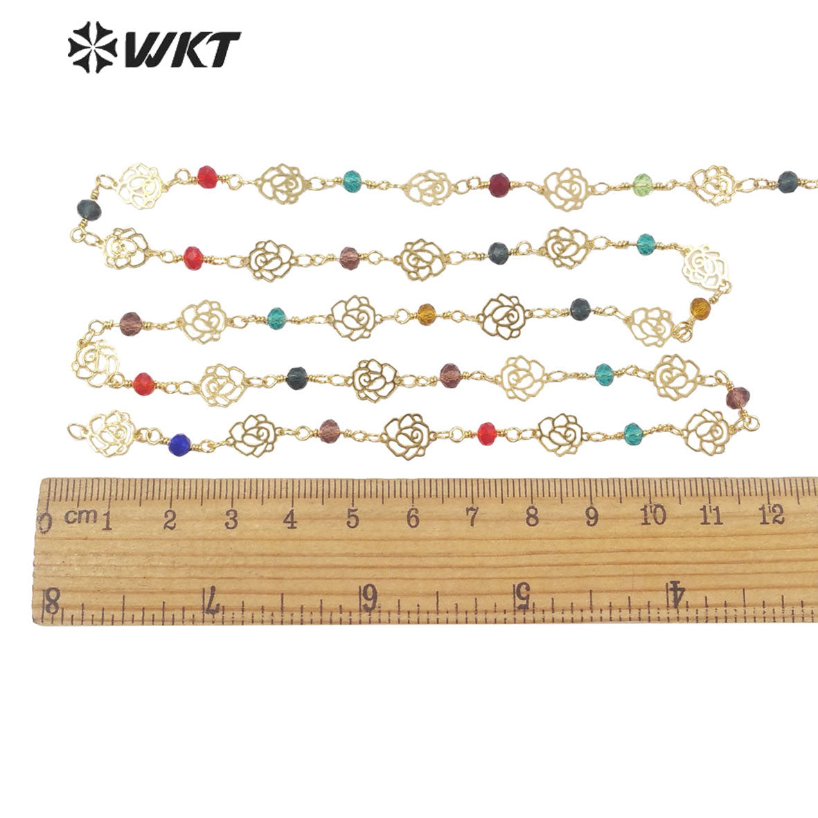 WT-RBC216 Amazing Gold Colorful Crystal Beads Rosary Chain with Rose Flower Chains DIY Jewelry Findings Beads Chain by Meters