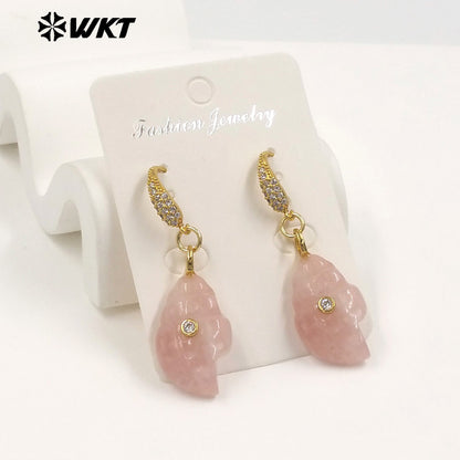 WT-E828 New Product Zircon And Various Natural Gemstones Conch Shape Gold Earrings For Girls Summer Beach Wearing Accessory