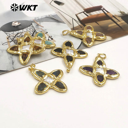 WT-JP216 WKT Jewelry Exclusive Unique Design Green Turquoise Stone Pendant Single Gold Plated Pearl Cross Pendant for Lady