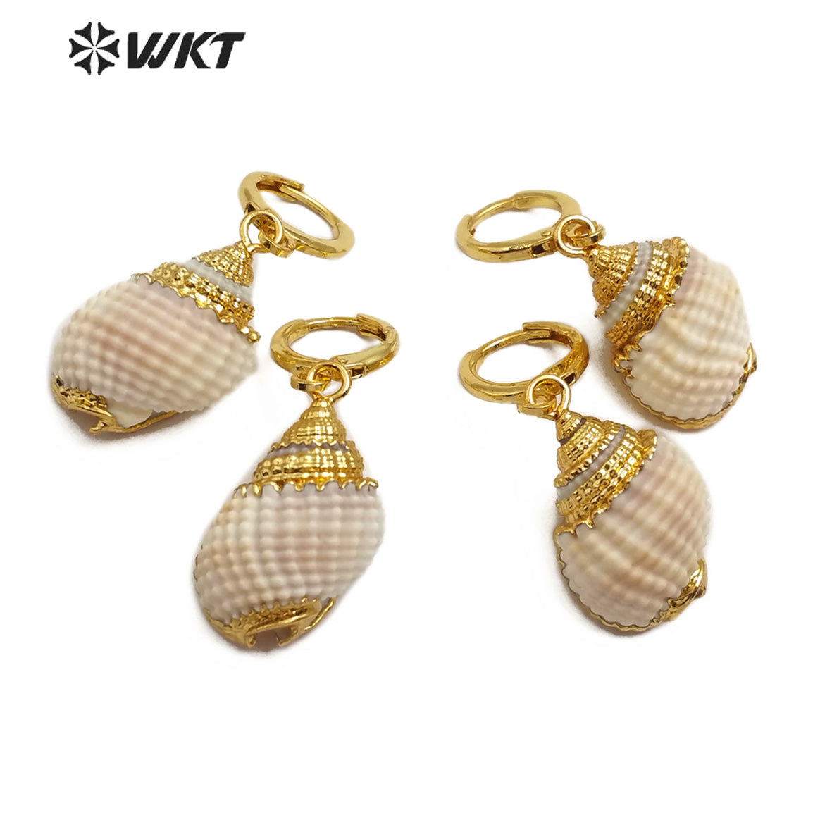 WT-E568 Natural Trumpet Shell Earring With Gold Trim Earring Round Gold Electroplated Hook Seashell Fashion Jewelry for Women