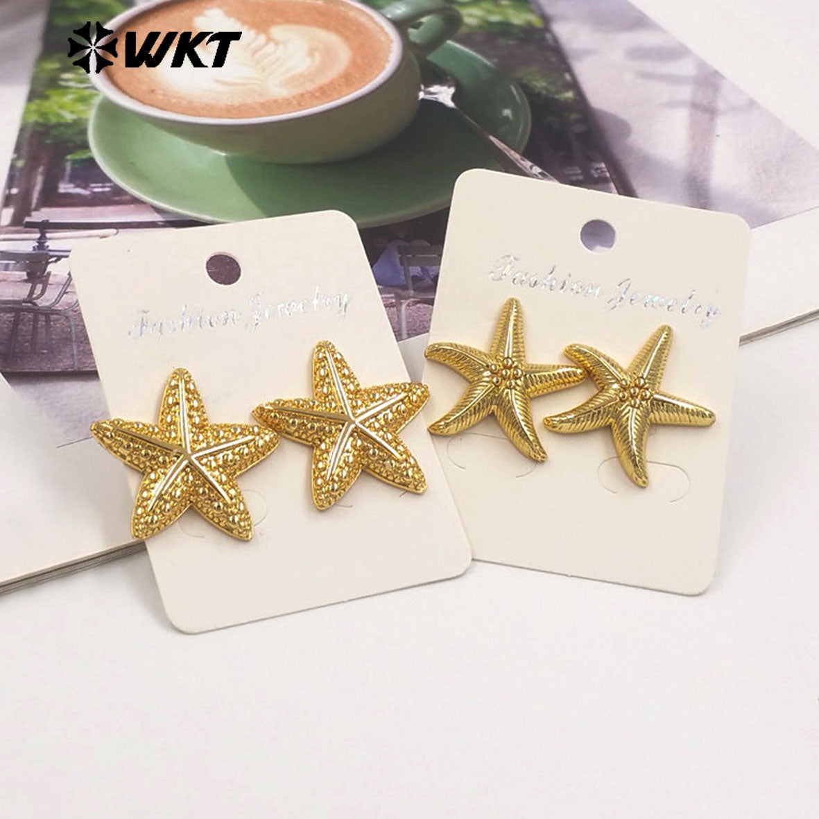 WT-E807 New Arrival Ocean Style Gold Plated Metal Yellow Brass Starfish Shape Earrings As Girls Lovely Simple Jewelry Decoration