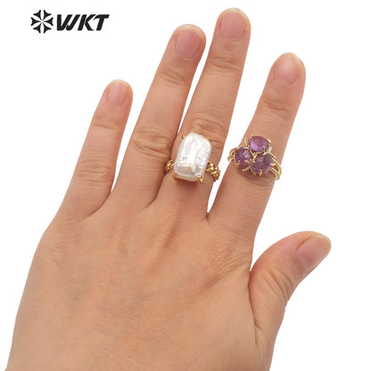WT-MPR068 Gorgeous Trendy Fashion Natural Freshwater Pearl 18k Gold Plating for Women Lucky Unique Design Ring