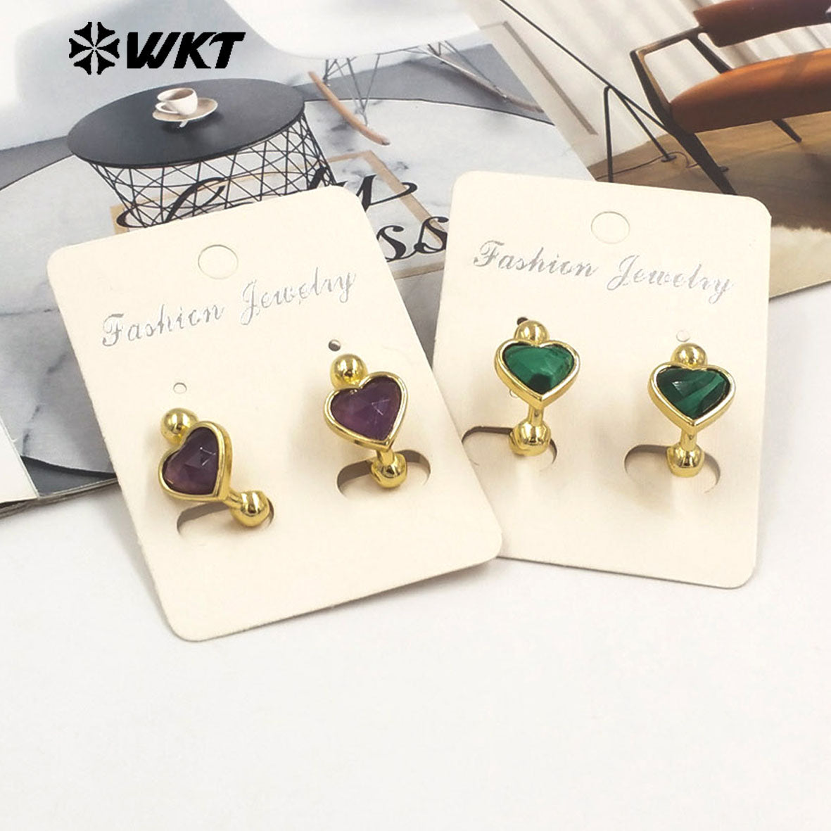 WT-E777 Wholesale New Design Lovely Lady Heart Gemstone Setting Crescent Horn Earring Studs