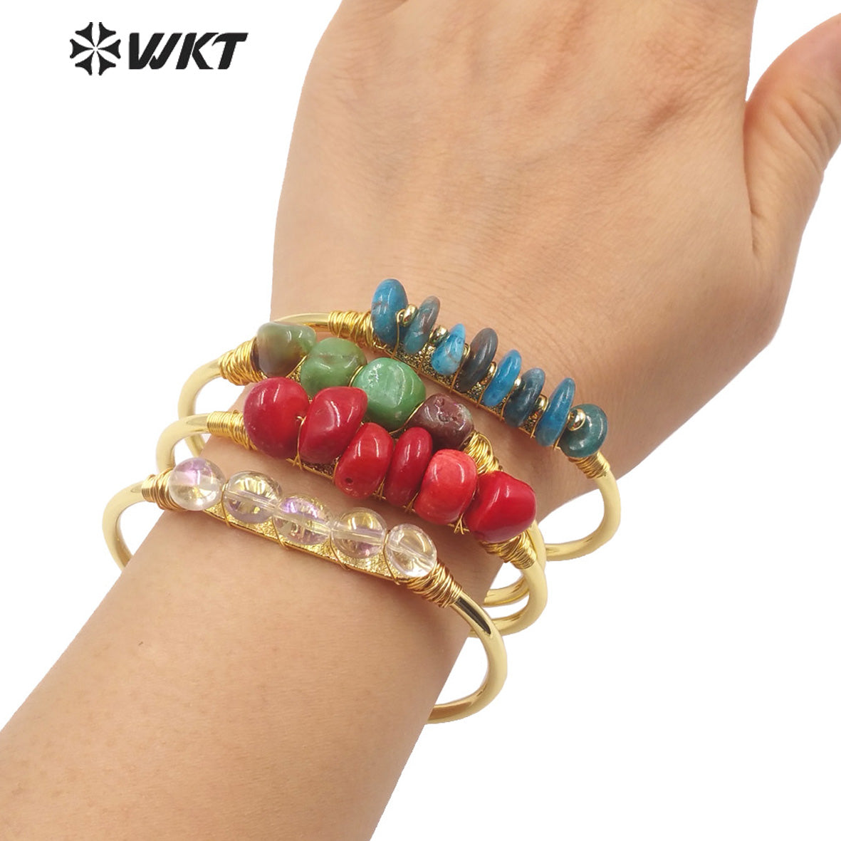 WT-B580 WKT Lovely Popular Gold Electroplated Open Size Cuff Bangle Women Bohemian Natural Gemstone Beads Wire Wrapped Bangle