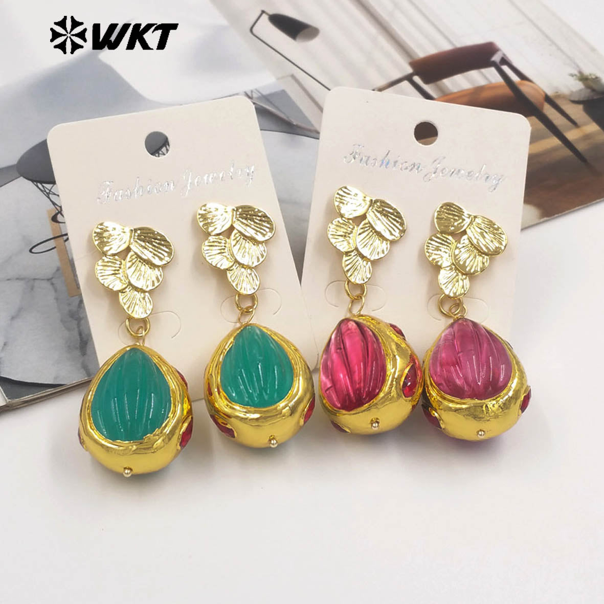 WT-E805 High Quality 18K Gold Plated Hand Carved Colorful Glaze Waterdrop Shape Earrings For Female Party Wearing Jewelry