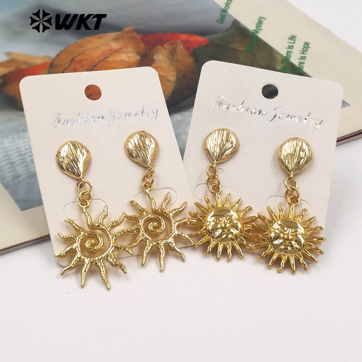 WT-E806 Good Quality Interesting Design Gold Electroplated Yellow Brass Metal Sun Shape Earrings For Women New Year Presents