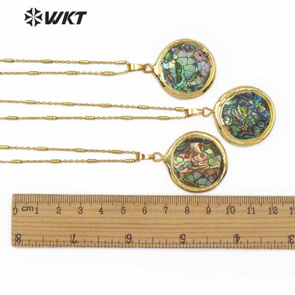 WT-JN061 New Arrival Women's Jewelry Round Natural Color Shell Pendant 18K Gold Plated Natural Abalone Shell Necklace
