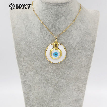 WT-JN171 Stylish Necklace Devil Eye Shell Pendant Necklace Circular Gold Electroplated Marine Life Jewelry Noble Shell Necklace