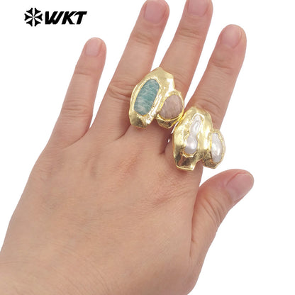 WT-MPR131 Wholesale Newest Design Fashion 18K Real Gold Plated Double Stone and Pearl Women Ring for Office Daily Styles