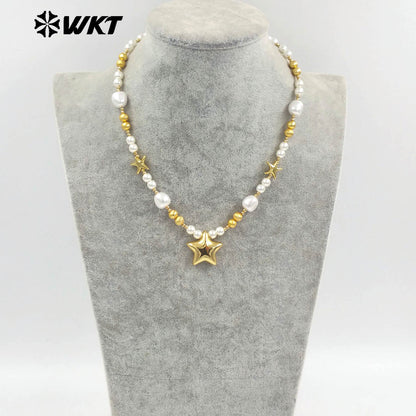WT-JN287 WKT Natural Yellow Brass Artificial Pearl Star Shape Gold and Silver 16 Inch Necklace for the Girl As Birthday Gift
