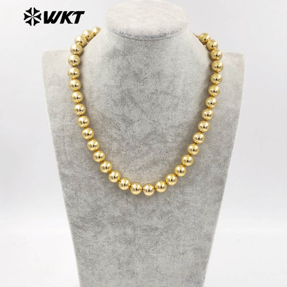 WT-JFN14 Fashionable 18K Real Gold Plated Round Big Brass Beads Hand Strand Chain Necklace 10 and 12MM Available