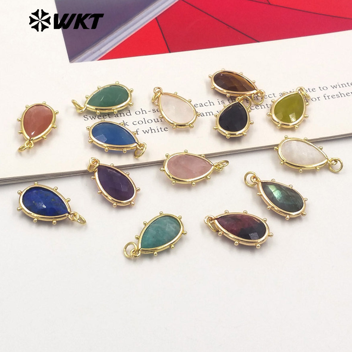 WT-P1974 Wholesale Fashion Tiny Gold Plated Teardrop Natural Faceted Precious Gemstone Lapis Attractive Eye Charms