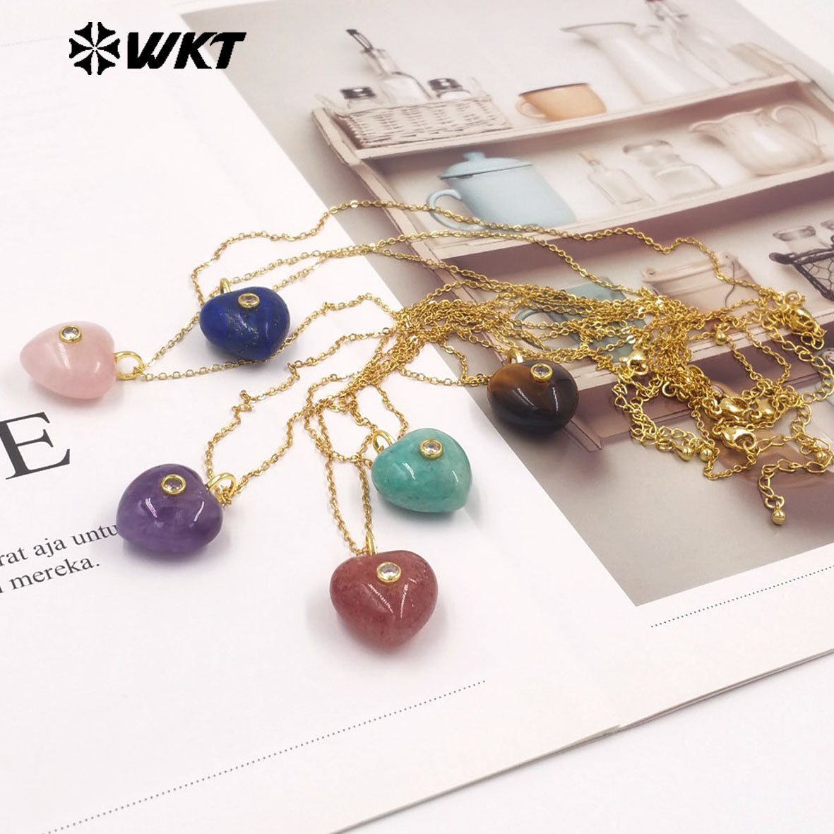 WT-N1531 Romantic Sweet Style Natural Gemstones Heart Shape Gold Charms Necklaces For Dance Party Matching Accessories