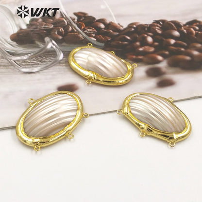WT-PC009 Amazing 18k Real Gold Plated Oval Shape Natural White Mabe Shell Connectors With Hoops for Jewelry Necklace Design