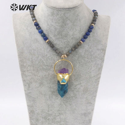 WT-N1337 WKT Powerful Energy Cylinder Shape Blue Apatite Amazonite Mix With Amethyst Long Beads Necklace Gemstones Beads Chain