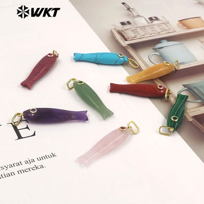 WT-P2114 Interesting Cute Style Natural Gemstones And Zircon Long Fish Shape Charms Pendants For Women Trendy Earrings DIY