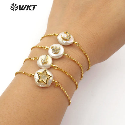 WT-MB112 New Arrival Pearl Gold Bracelet CZ Pave Star and Elephant or Moon Pattern Women Fashion Charm Bracelet