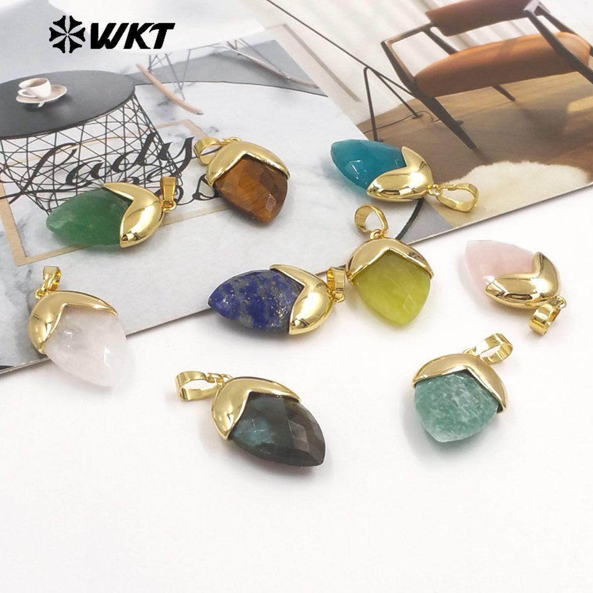 WT-P2016 High Quality Gold Plated Multi Color Natural Gemstones Labradorite Tiger Eye Stone Pendants For Jewelry DIY Accessories