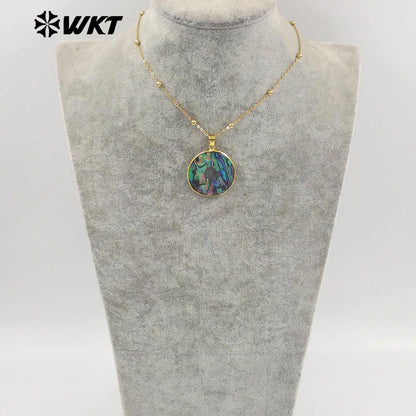 WT-JN313 High Quality Round Natural Abalone Shell Round Coin Necklace With Gold Plated Single Hole Resist Tarnishable