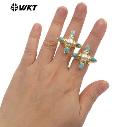 WT-MPR162 Exclusive Design Gold Plated Natural Turquoise And Pearl Cross Rings For Female Dance Party Wearing Accessory