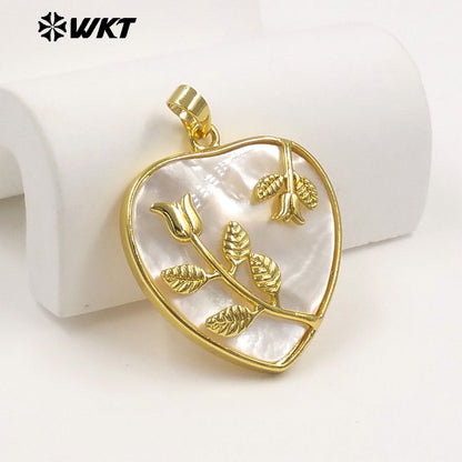 WT-JP516 Delicate White Shell And Gold Plated Leaves Heart Shape Pendant For Female Fashion Jewelry Decorative Findings