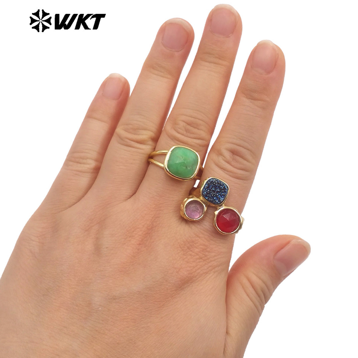 WT-R521 Wholesale 18K Real Gold Plated Triple Druzy Quartz Women Natural Stone Made Birthday Gift Ring