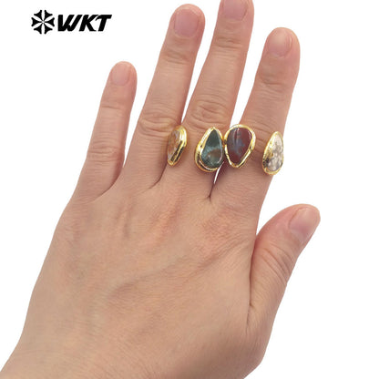 WT-R567 New Arrival 18K Gold Plated Teardrop Shape Stone Ocean Jasper Ring Adjustable Size Fine Party Jewelry Accessory