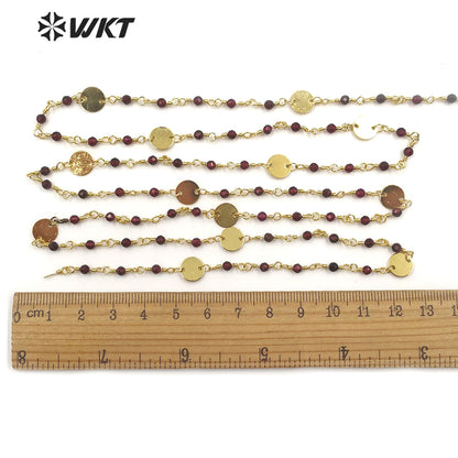 WT-RBC146 Natural Red Garnet Beads Chain Stylish Gold Plated Red Garnet Rosary Beads Chain for DIY Jewelry Making