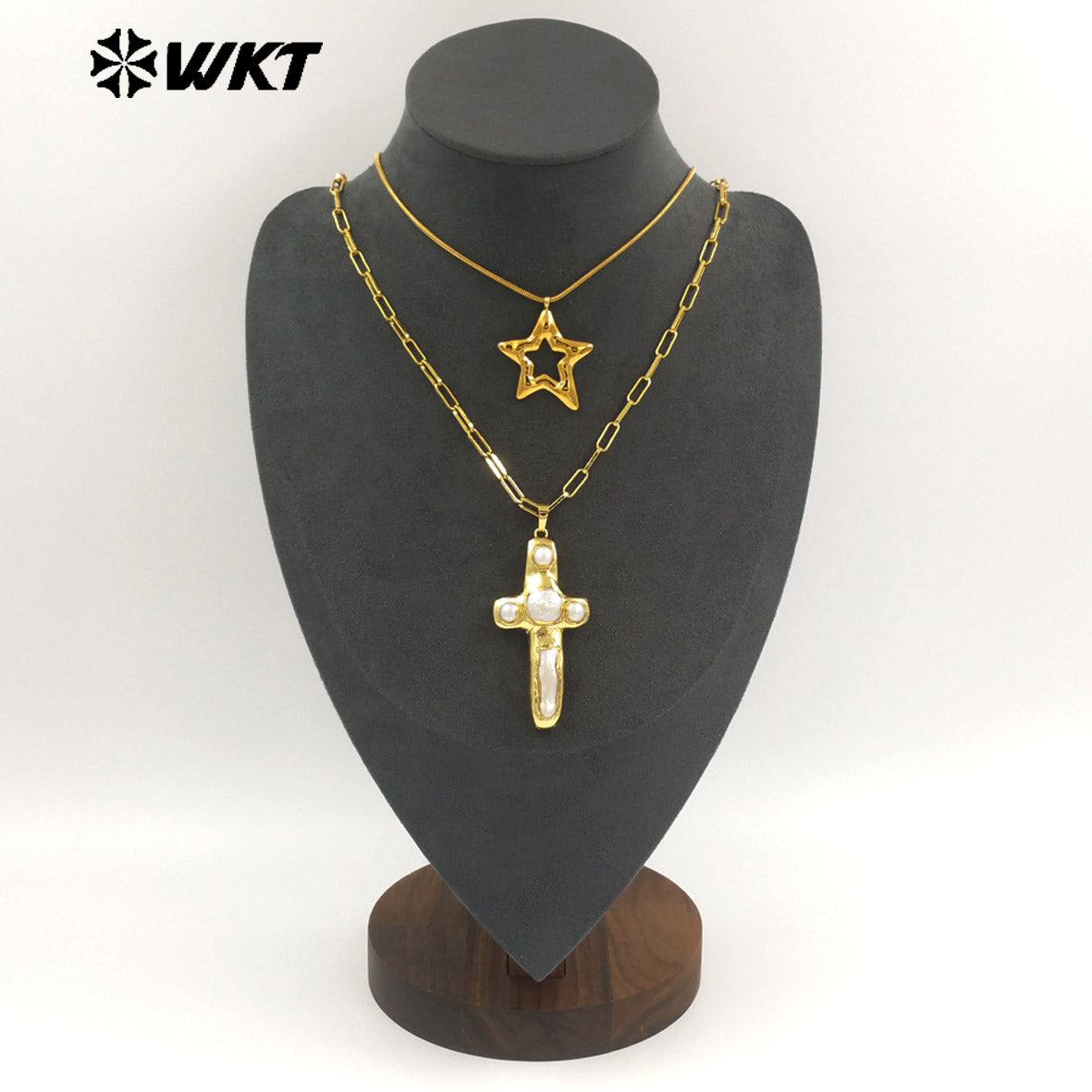 WT-JN366 Vintage 18K Gold Plated Natural Freshwater Pearl Cross And Flower Star Pendant Double Layers Necklace As Party Gifts