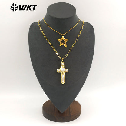 WT-JN366 Vintage 18K Gold Plated Natural Freshwater Pearl Cross And Flower Star Pendant Double Layers Necklace As Party Gifts