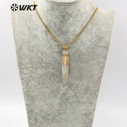 WT-N1258 Wholesales Gorgeous Long Angel Color Crystal Quartz Point Essential Oil Bottle Necklace Gorgeous Aura Stone Necklace