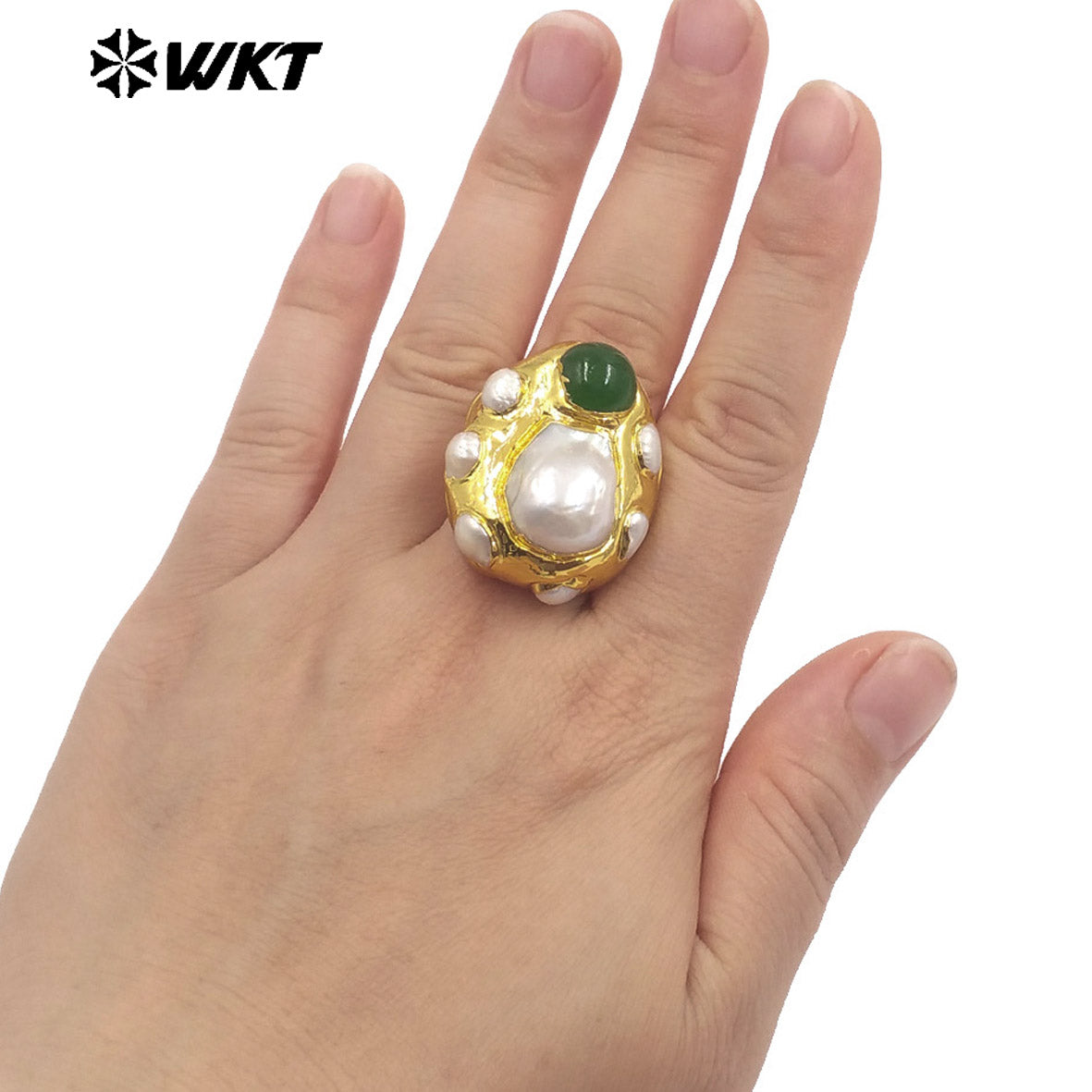 WT-MPR145 Amazing Luxury Gold Plated Random Shape Baroque Pearl With Natural Jade Rings Ladies Resist Tarnishable Jewelry Gift