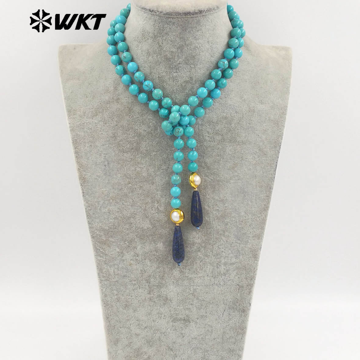 WT-N1501 Gorgeous Natural Turquoise Stone Beads And Gold Plated Pearl With Lapis Pendant Necklace As Women Trendy Accessories