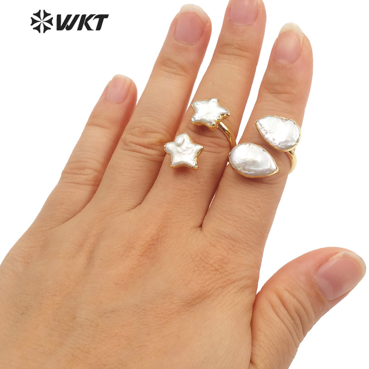 WT-MPR024 WKT2022 Special Natural Stone Star and Moon Shape Ring Natural Pearl Opening Adjustable Pearl Ring for Party Jewelry