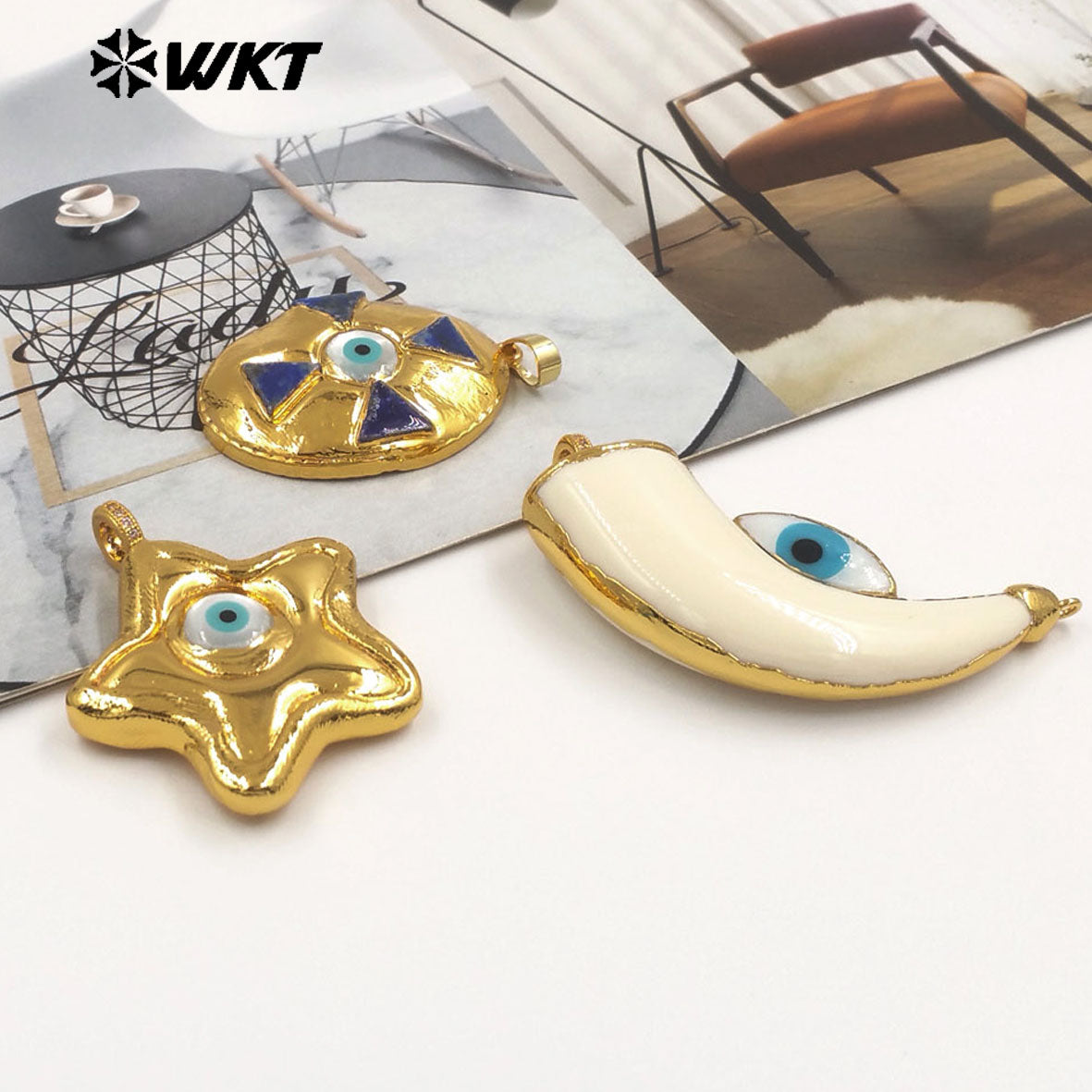 WT-JP451 Peculiar Wholesale Gold Plated Natural Shell Eye Star And Egg Design Charm Pendants As Halloween Gift Making Findings