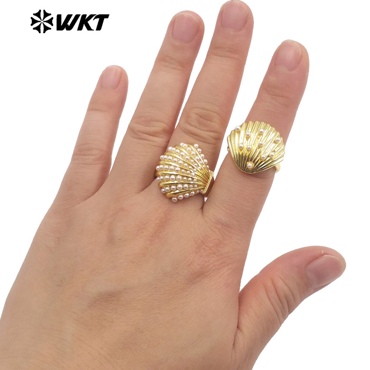 WT-MPR163 Wholesale Luxury Delicate Gold Plated Artificial Pearl Metal Shell Shape Ring For Lady Wedding Wearing Jewelry