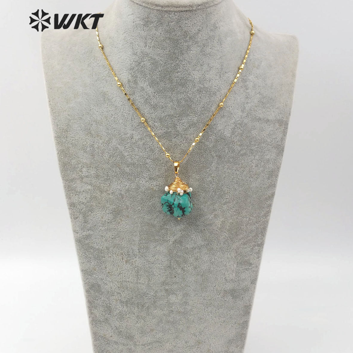 WT-N1153 Natural Turquoises Stone Necklace Howlite With Wire Wrapped Pendant White Beaded Charm Women Fashion Necklace Jewelry