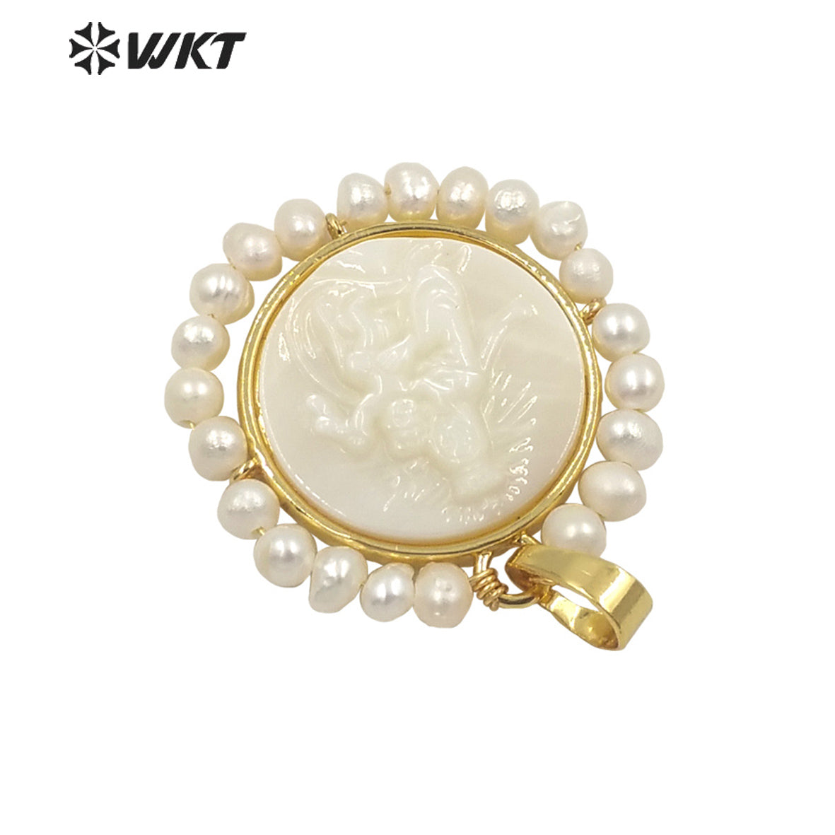 WT-JP262 Fashion Gold Amazing Handmade Wire Wrapped Tiny Pearl Charm Shell Pendant Gold Bezel Virgin Mary and Jesus Religious
