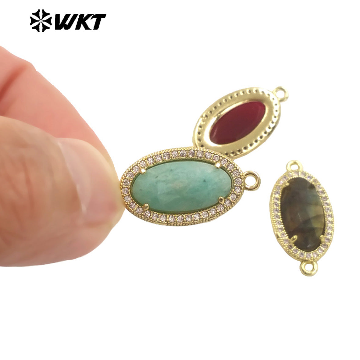 WT-C334 New Arrivals 18K Gold Plated Small Zircon Oval Multicolored Gemstone Necklace Pendant Connector Jewelry Accessories