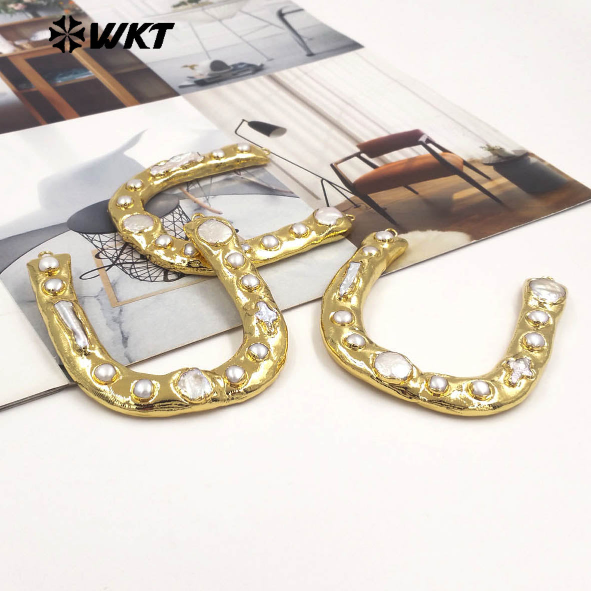 WT-PC013 Wholesale Back Full Gold Plated Natural Freshwater Pearl U Letter Shape Big Connectors As DIY Jewelry Accessories
